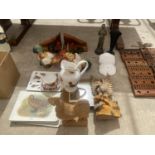 AN ASSORTMENT OF ITEMS TO INCLUDE COCKEREL BOOK ENDS, PLACE MATS AND SHELLEY SAUCERS