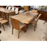 AN ART DECO WALNUT EXTENDING DINING TABLE, 32X46" (LEAF 18") TOGETHER WITH FOUR CHAIRS