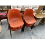EIGHT ORANGE PLASTIC STACKING CHAIRS BY NEW EQUIPMENT LIMITED, ROXDALE, DURHAM