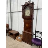 A 19TH CENTURY AND LATER EIGHT DAY MAHOGANY AND INLAID LONGCASE CLOCK WITH ENAMEL DIAL (GROUNDS,