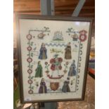A FRAMED EMBROIDERY DEPICTING HENRY VIII AND HIS WIVES