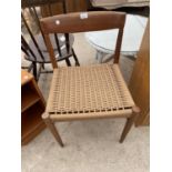 A RETRO TEAK SINGLE DINING CHAIR WITH RATTAN SEAT
