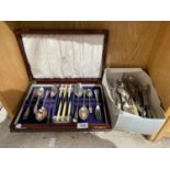 A WOODEN CANTEEN OF SILVER PLATED FLAT WARE AND A FURTHER BOX OF FLATWARE