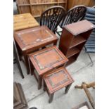 A NEST OF THREE HARDWOOD TABLES AND OPEN BOOKCASE