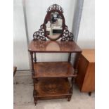 A VICTORIAN WALNUT AND INLAID THREE TIER WHATNOT WITH FRETWORK MIRROR-BACK ON TURNED SUPPORTS,