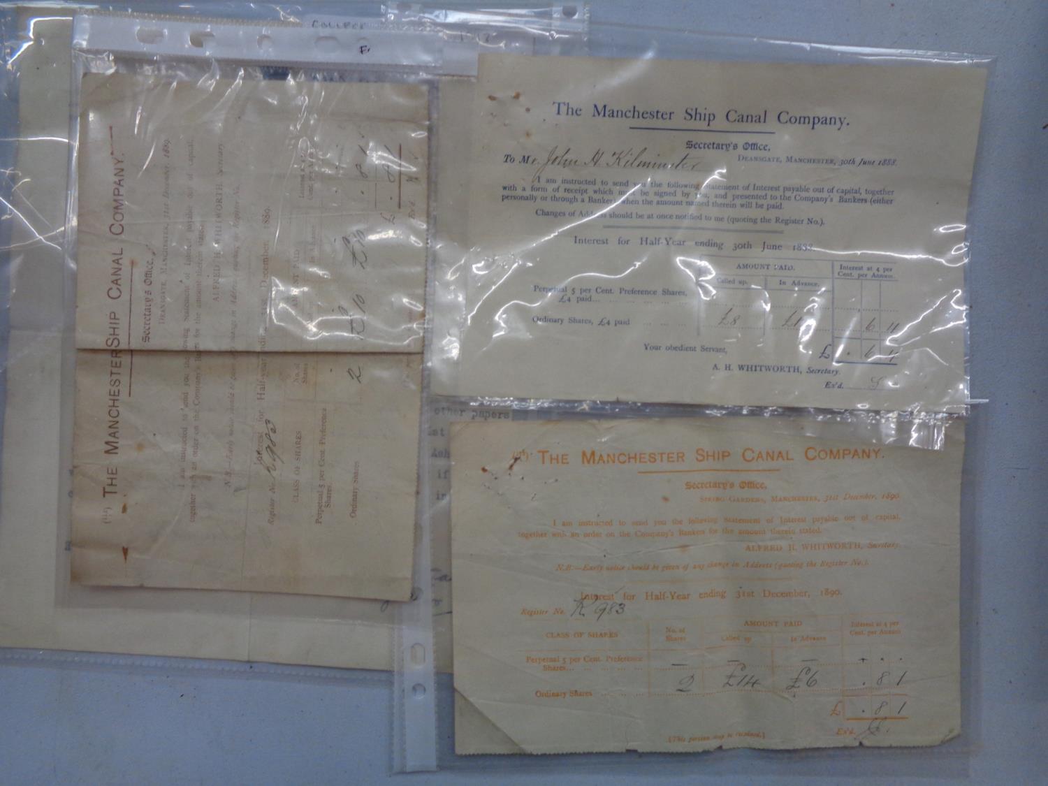 VARIOUS EPHEMERA TO INCLUDE 1888, 1889, AND 1890 MANCHESTER SHIP CANAL SHARE DOCUMENTS AND A HAND - Image 2 of 3