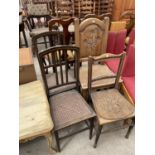 THREE VARIOUS BEDROOM CHAIRS AND CARVED BEECH HALL CHAIR