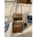 A BRASS LOG BOX, A WOODEN COAL BOX A MIRROR AND AN OIL LAMP