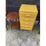 A YELLOW PAINTED CHEST OF FIVE DRAWERS AND AN EDWARDIAN TWO TIER OCCASIONAL TABLE