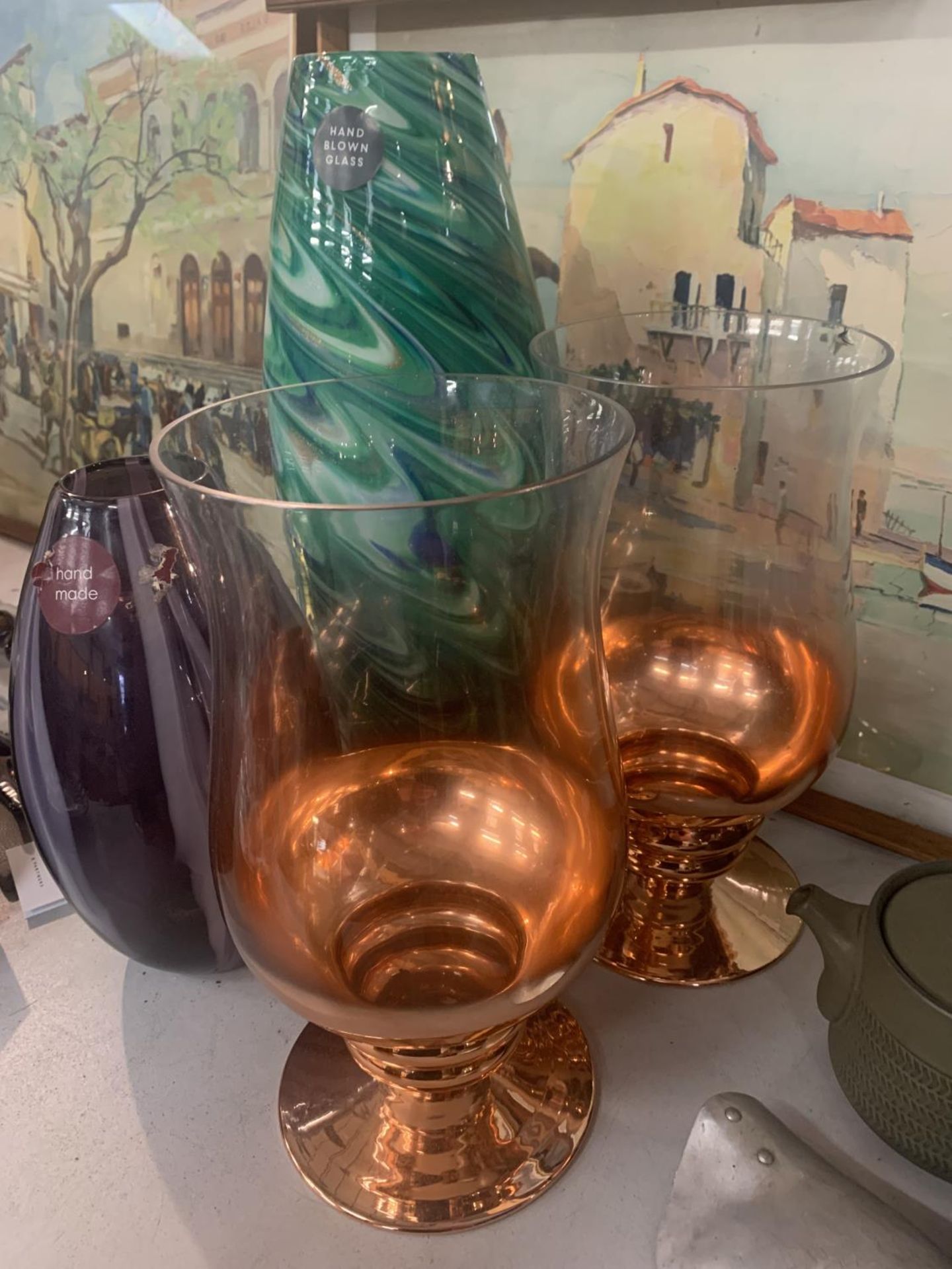 TWO CLEAR AND COPPER GLASS CANDLE HOLDERS AND TWO GLASS VASES - Image 2 of 4