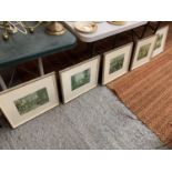 FIVE MATCHING FRAMED PICTURES OF BOAT, STILL LIFE AND COUNTRY HOUSE SCENE ETC