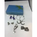 SIX PAIRS OF SILVER EARRINGS IN A PRESENTATION BOX TO INCLUDE HOOPS, SQUARES, STARS ETC