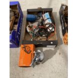 AN ASSORTMENT OF TOOLS TO INCLUDE AN ELECTRIC WOOD PLANE, COMPRESSOR FITTINGS ETC