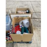 AN ASSORTMENT OF HOUSEHOLD CLEARANCE ITEMS TO INCLUDE FLASKS, LAMPS AND CURTAINS ETC