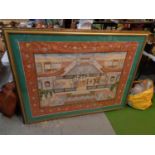 A GILT FRAMED PAINTED SILK DEPICTING AN ASIAN TRADITIONAL CEREMONY SCENE
