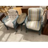 A PAIR OF EARLY 20TH CENTURY BERGERE FIRESIDE CHAIRS ON CLAW FEET, HAVING SHABBY CHIC PAINTING,