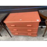 A MODERN ORANGE PAINTED CHEST OF THREE DRAWERS, 34" WIDE