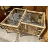 TWO BAMBOO AND WICKER COFFEE TABLES WITH GLASS TOPS