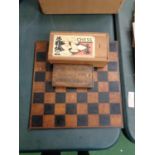 A VINTAGE WOODEN CHESS BOARD WITH A SET OF STAUNTON STYLE CHESS PIECES IN ORIGINAL BOX AND A FURTHER