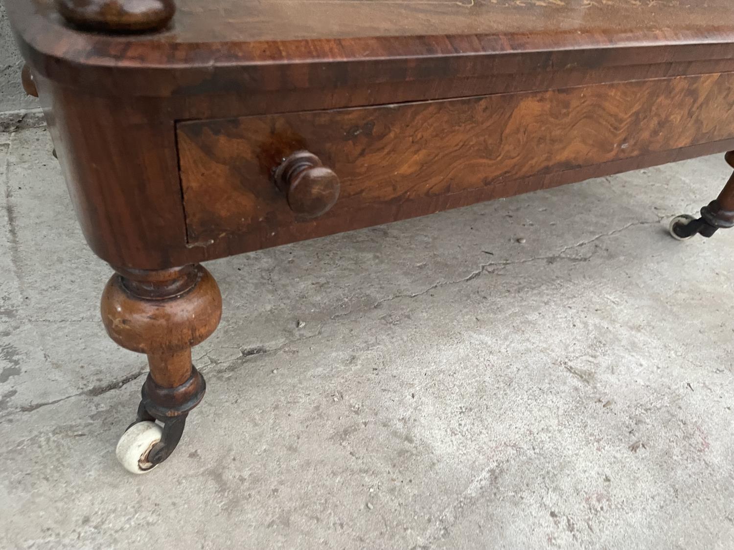 A VICTORIAN WALNUT AND INLAID THREE TIER WHATNOT WITH FRETWORK MIRROR-BACK ON TURNED SUPPORTS, - Image 8 of 8