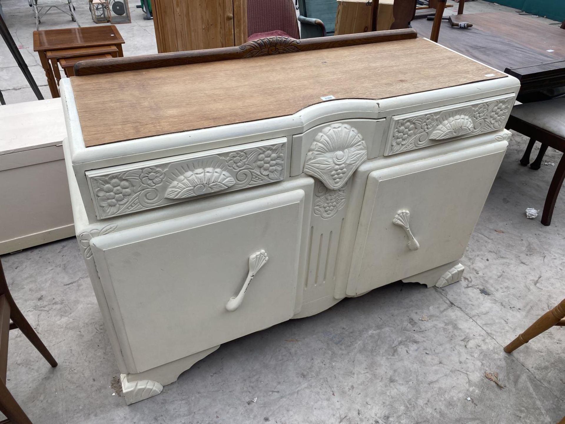 AN EARLY 20TH CENTURY OAK SIDEBOARD WITH SHABBY CHIC PAINTING, 54" WIDE