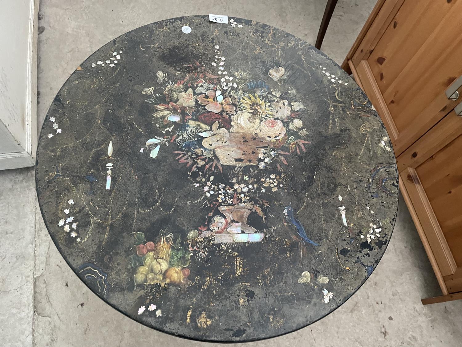 A VICTORIAN PAPIER MACHE TILT-TOP TABLE, PROFUSELY PAINTED WITH FLOWERS AND MOTHER OF PEARL INLAY, - Image 2 of 7