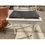 A VICTORIAN PAINTED SIDE TABLE WITH SINGLE DRAWER, ON TURNED TAPERING LEGS WITH WHITE PORCELAIN