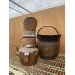 A GROUP OF THREE COPPER ITEMS TO INCLUDE A KETTLE, A COAL BUCKET AND A COAL SKUTTLE