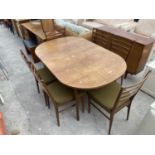 A SET OF SIX RETRO TEAK 'MEREDEW' LADDER BACK DINING CHAIRS AND EXTENDING DINING TABLE, 58X36" (