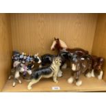 AN ASSORTMENT OF CERAMIC FIGURES TO INCLUDE SHIRE HORSES AND A DOG ETC