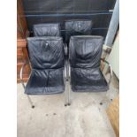 FOUR RETRO TUBULAR CHORMIUM PLATED ELBOW CHAIRS WITH FAUX BLACK LEATHER BACKS AND SEATS