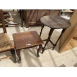 A MAHOGANY LAMP- TABLE ON CARVED CABRIOLE SUPPORTS AND AN OAK OCCASIONAL TABLE ON BARLEY TWIST