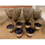 A SELECTION OF GLASSWARE TO INCLUDE SIX WINE , SIX BLUE GOBLETS DECORATED WITH FLOWERS