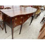 A 19TH CENTURY MAHOGANY AND INLAID SIDEBOARD ENCLOSING FOUR DRAWERS, ON TAPERED LEGS, WITH SPADE