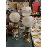 THREE BRASS AND COPPER VINTAGE OIL LAMPS WUTH GLASS FUNNELS AND SHADES CONVERTED TO ELECTRIC