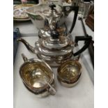 A SILVER PLATED SET TO INCLUDE A TEAPOT, COFFE POT A SUGAR BOWL AND A JUG
