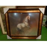 A WOODEN FRAMED PRINT OF A SPANISH HORSE