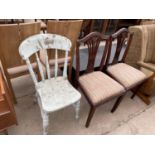 A PAIR OF REPRODUCTION DINING CHAIRS AND PAINTED BEDROOM CHAIR