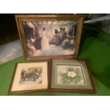 THREE FRAMED PICTURES TO INCLUDE A BRIDAL SCENE, A TAPESTRY AND A BOX 3D FLORAL PICTURE