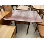 A 19TH CENTURY MAHOGANY AND INLAID PEMBROKE TABLE WITH TWO DRAWERS, ON TURNED LEGS