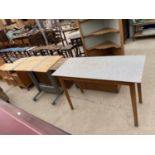 A MODERN DROP-LEAF COMPUTER TROLLEY AND FORMICA TOP KITCHEN TABLE