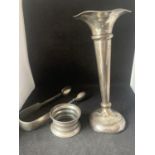 THREE HALLMARKED SILVER ITEMS TO INCLUDE A BUD VASE, NAPKIN RING AND TONGS GROSS WEIGHT 116 GRAMS