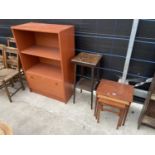 A NEST OF THREE TABLES, OAK JARDIINIER STAND AND MODERN BOOKCASE