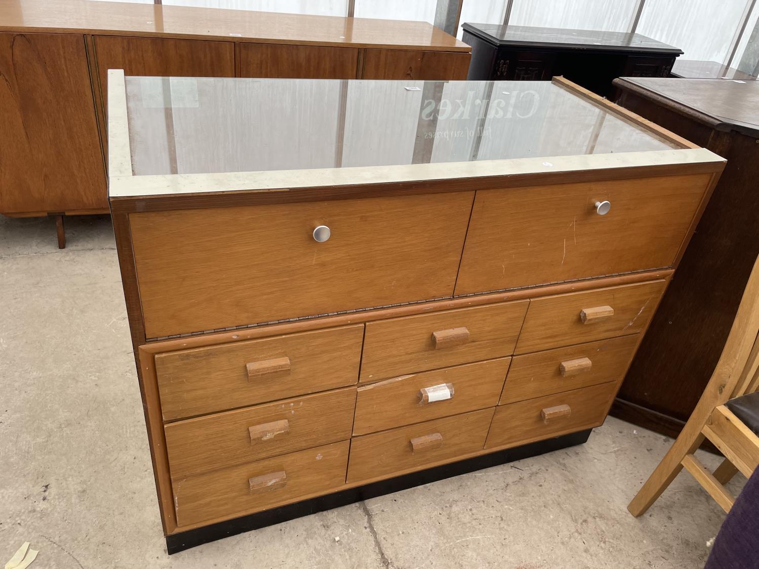 A 1970'S HABERDASHERS CABINET WITH NINE DRAWERS AND TWO DROP-DOWN DOORS, 46.5" WIDE - Image 5 of 5