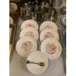 SIX WEDGEWOOD 'MEADOW SWEET' SIDE PLATES AND A SMALL STAINLESS STEEL SELECTION OF TEA SET ITEMS