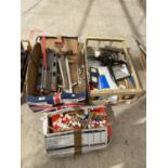 AN ASSORTMENT OF TOOLS AND HARDWARE TO INCLUDE AN OUTSIDE LIGHT, CLAMPS AND A PICK AXE ETC