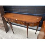 A MAHOGANY CROSSBANDED AND INLAID CONSOLE TABLE ON TAPERED LEGS AND SPADE FEET, 48" WIDE