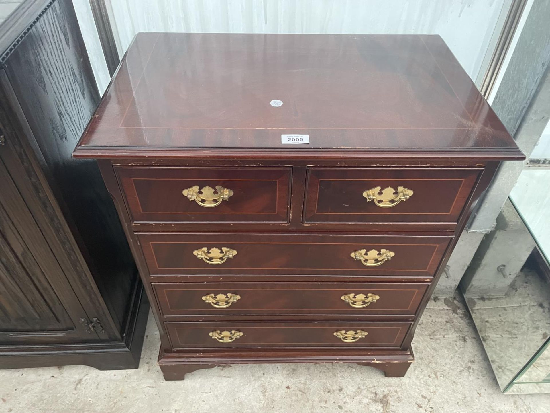 A GEORGIAN STYLE MAHOGANY AND INLAID CHEST OF TWO SHORT AND THREE LONG DRAWERS, 24" WIDE