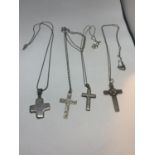 FOUR SILVER NECKLACES WITH CROSS PENDANTS IN A PRESENTATION BOX