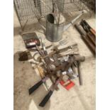 AN ASSORTMENT OF TOOLS TO INCLUDE A GALVANISED WATERING CAN, SHEARS AND AXE ETC